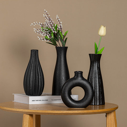 Ceramic vase, Small decorative vase, 3-piece Modern Bohemian vase, suitable for living room tabletop decoration (black)