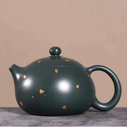 Exquisite Dark Green Zisha Teapot with Gold Accents - A Fusion of Elegance and Artistry