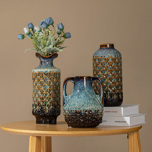 Modern Decorative Ceramic Vases for Home Decor, Peacock Green & Beige Porcelain Vase for Flowers, Modern Farmhouse Vase for Table, Mantel Accent, Bookshelf, Living Room & Centerpiece, 9.6"